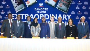 L-R:Acting Company Secretary, Dangote Cement Plc, Edward Imoedemhe; Independent Non-Executive Director, Dangote Cement Plc, Ernest Ebi; Non-Executive Director, Dangote Cement Plc, Abdu Dantata; Non-Executive Director, Dangote Cement Plc, Halima Aliko-Dangote; Chairman, Dangote Cement Plc, Aliko Dangote; Group Managing Director, Dangote Cement Plc, Michel Puchercos; Non-Executive Director, Dangote Cement Plc, Olakunle Alake; Non-Executive Director, Dangote Cement Plc, Dorothy Ufot, SAN; and Deputy Group Managing Director, Dangote Cement Plc, Philip Mathew, at the Extraordinary General Meeting of Dangote Cement Plc, held in Lagos on December 13, 2022.
